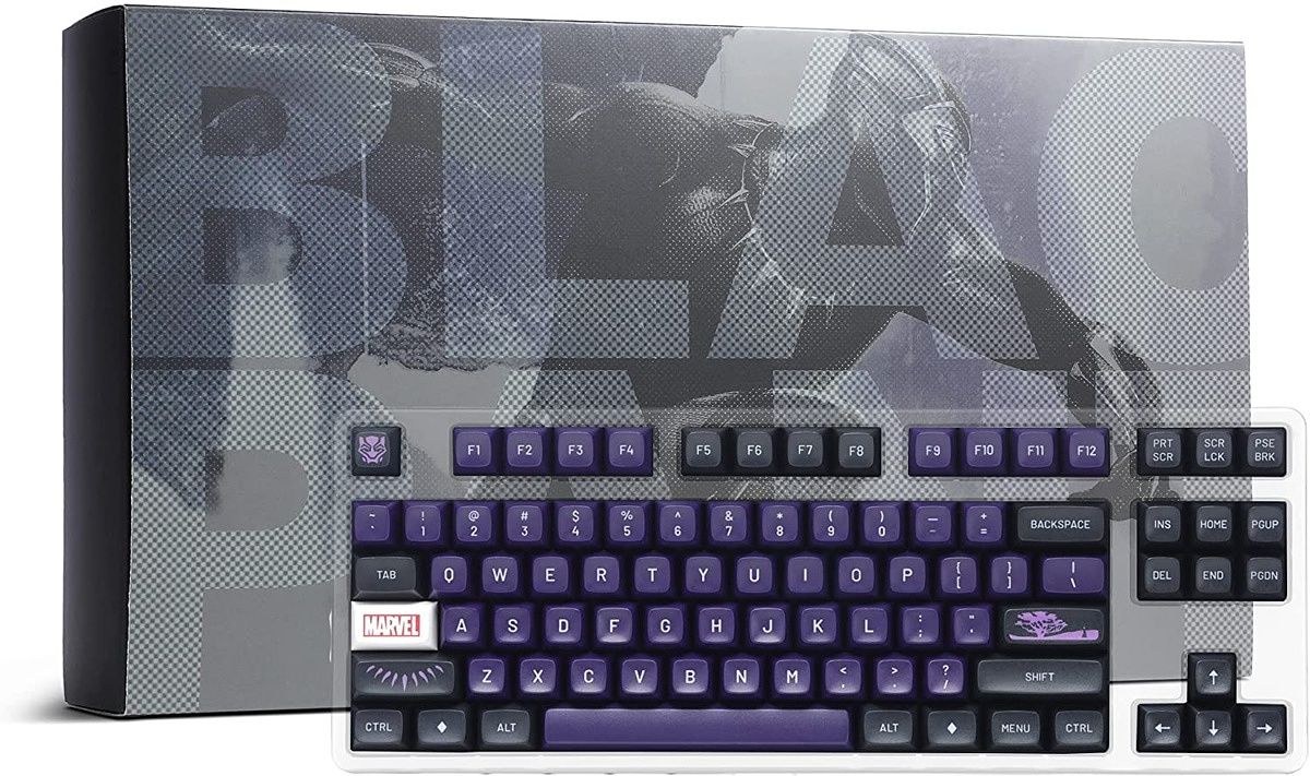 The DROP X Black Panther keycaps feature a black and purple color scheme, white legends, and several novelty keys.
