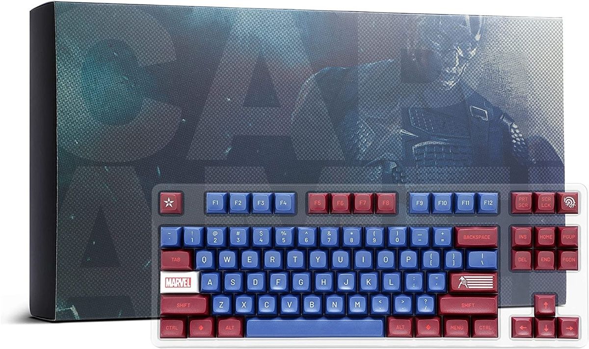 The DROP X Captain America keycaps feature a red and blue color scheme, white legends, and several novelty keys.