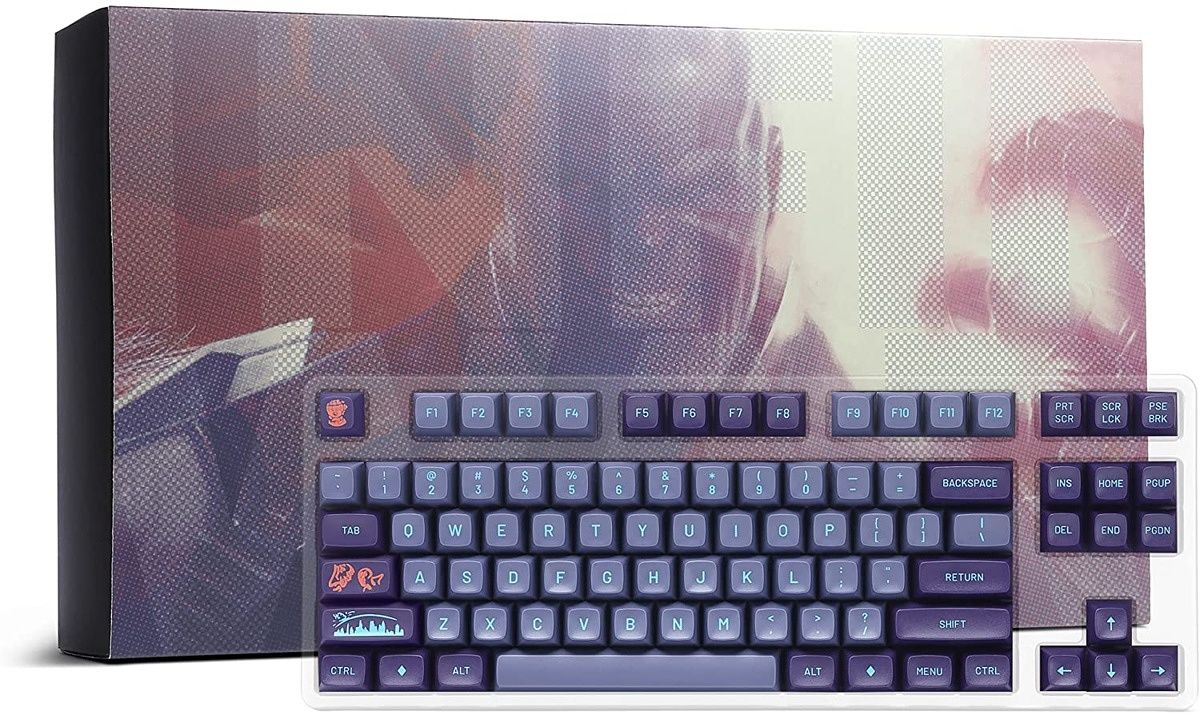 The DROP X Infinity War keycaps feature a two-tone purple color scheme, light blue legends, and several novelty keys.