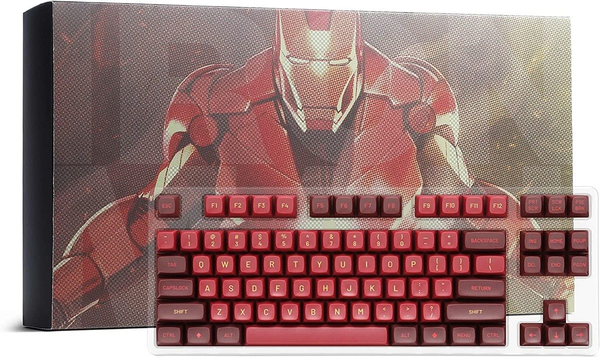 The DROP X Iron Man keycaps feature a two-tone red color scheme, yellow legends, and several novelty keys.