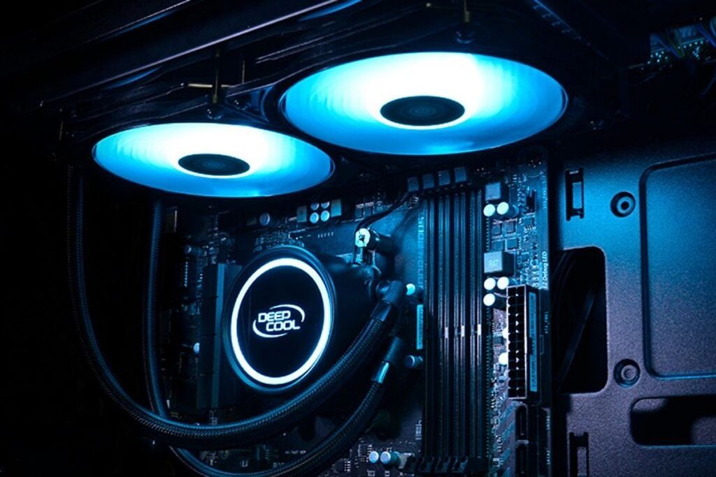 An RGB enabled AIO liquid cooler installed inside a PC case