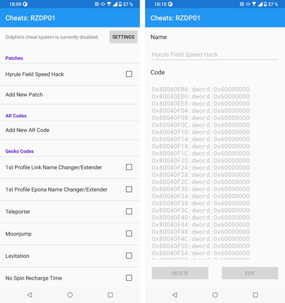 Cheats menu in Dolphin Emulator for Android