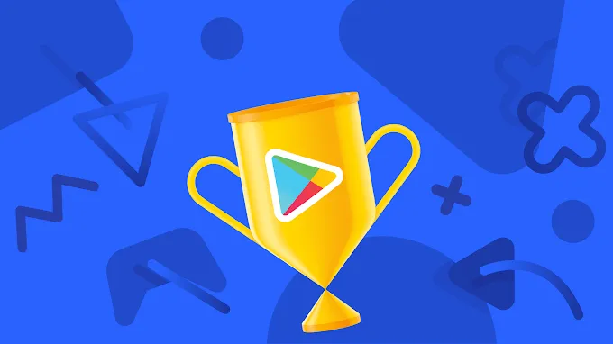 Google Play logo on a trophy with a solid blue background