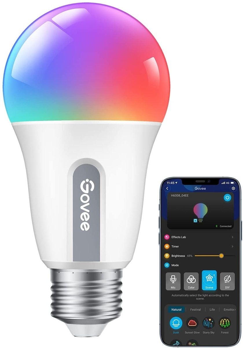 Govee 9W LED bulb supports 30 dynamic scenes, Wi-Fi and Bluetooth control, and voice assistant.