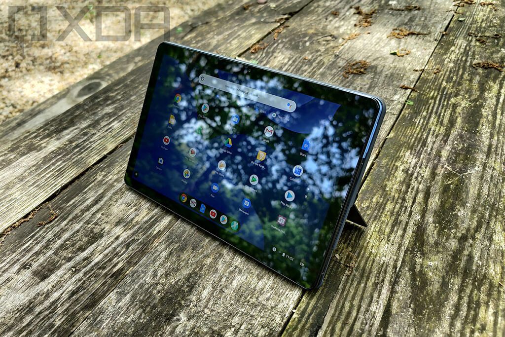 Lenovo Chromebook Duet in tablet mode on wooden tabke