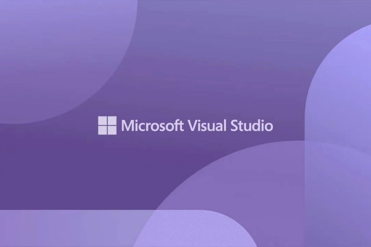 Text reading Microsoft Visual Studio on a purple background with various shapes