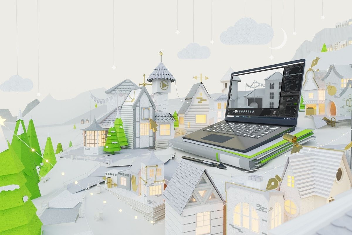 NVIDIA Studio laptop on a background made up of white buildings and green trees