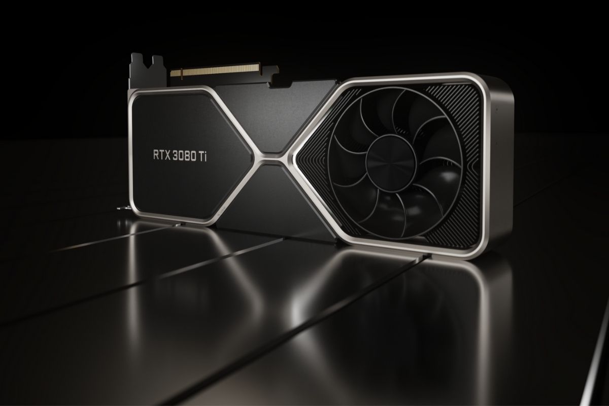 Nvidia RTX 3080 Ti GPU on a black background
