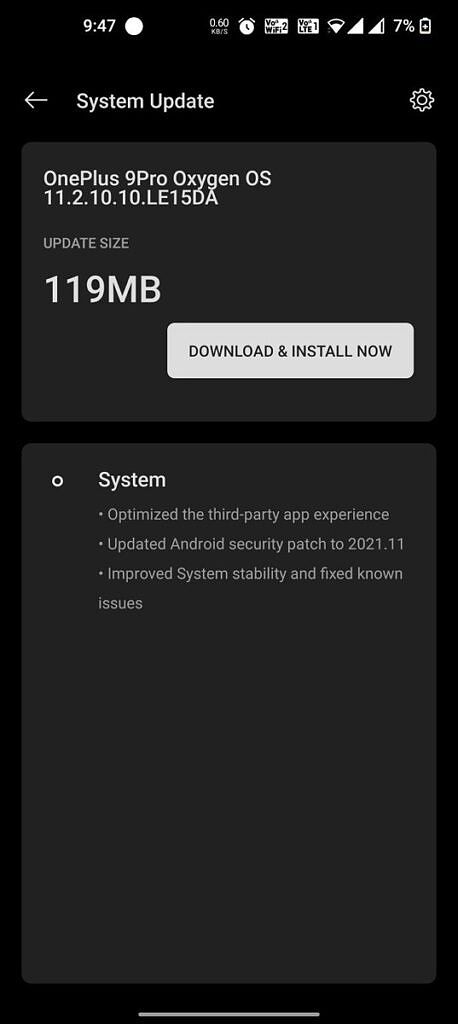 OxygenOS update screenshot on a OnePlus 9 Pro