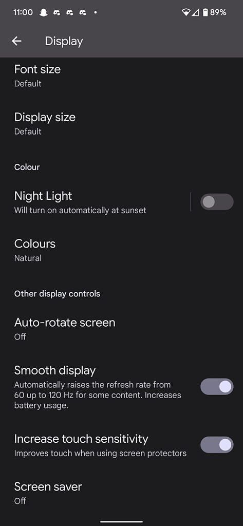 Display settings page on the Pixel 6