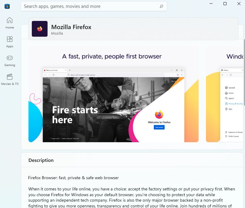 Mozilla Firefox on the Microsoft Store