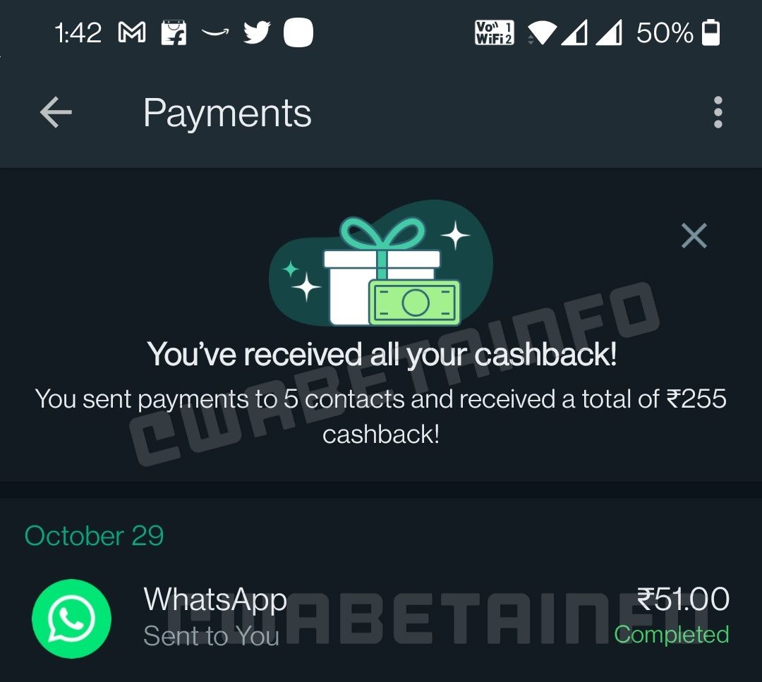 Payments screen in WhatsApp