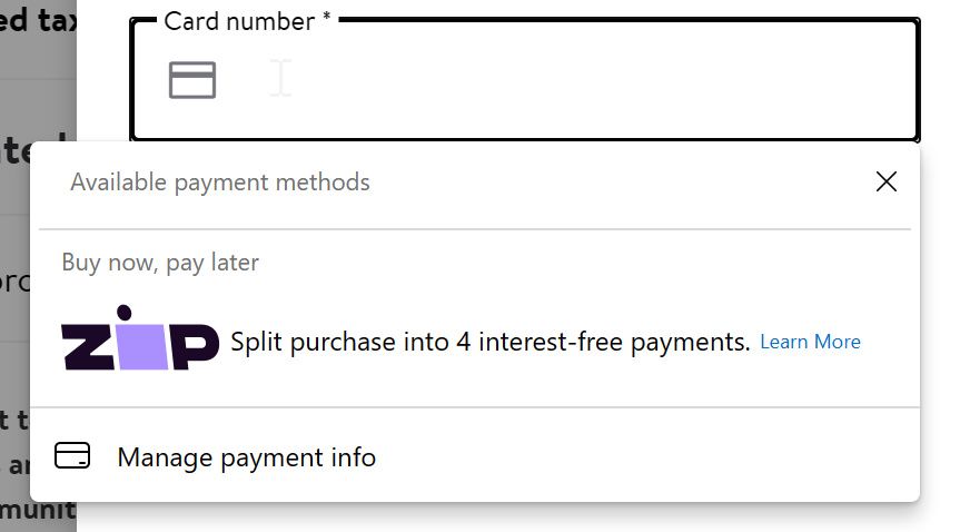A screenshot of a credit card entry text box, with a popup that shows the Zip logo