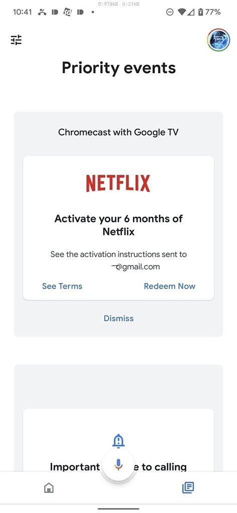 Google Home app activity tab displaying Netflix offer