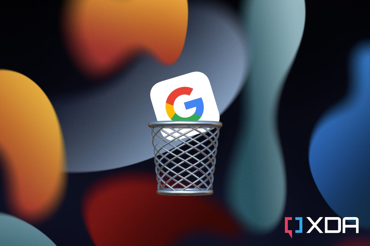Google Search icon in a trash can on iOS 15 wallpaper
