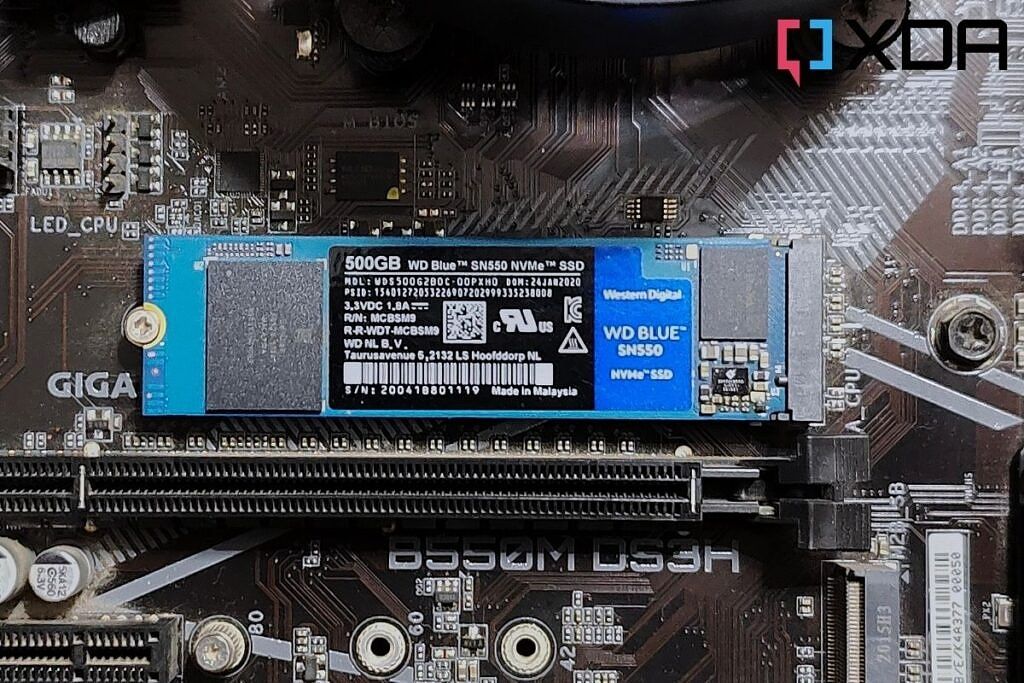 A WD SN550 Blue M.2 SSD installed on a B550 motherboard