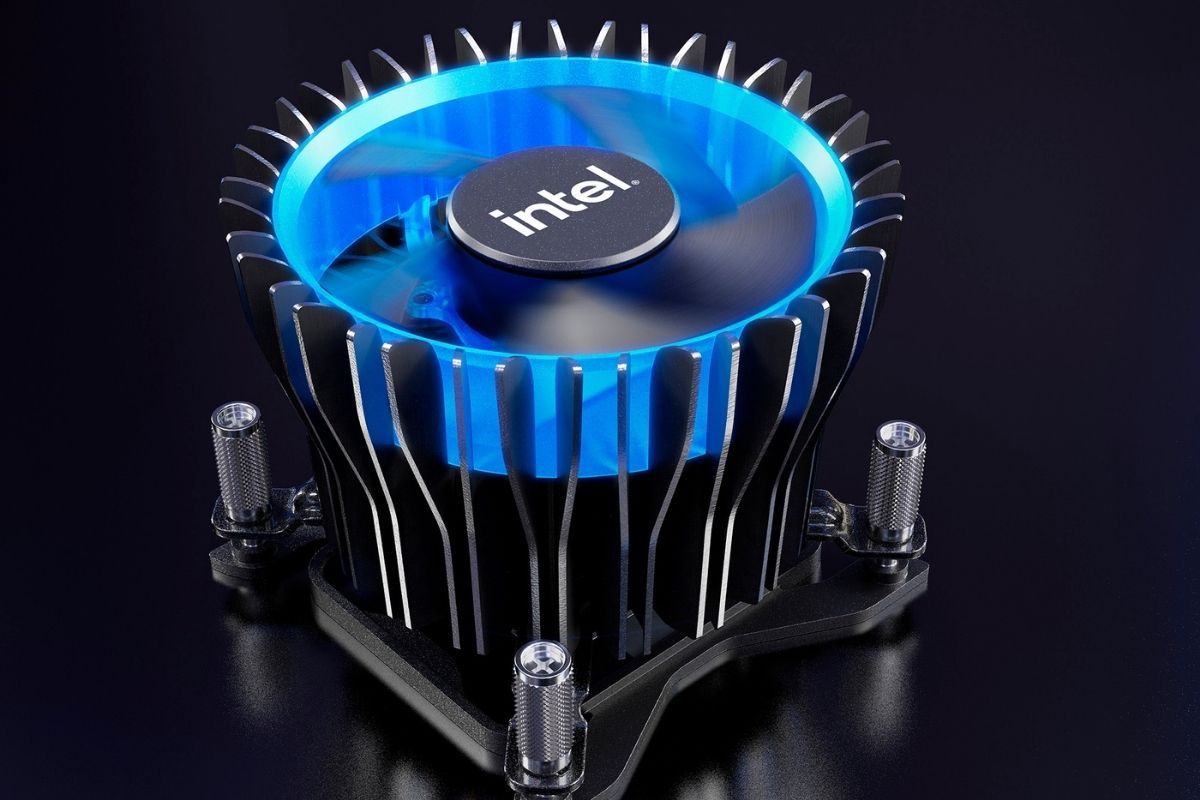 A black colored Intel CPU cooler with blue LED lights on top with an Intel logo