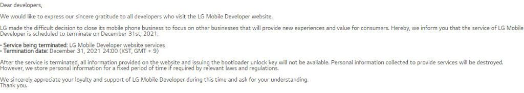 LG Mobile Developer website service termination notice