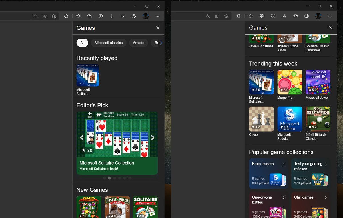 Games panel shown in the right corner in Microsoft Edge