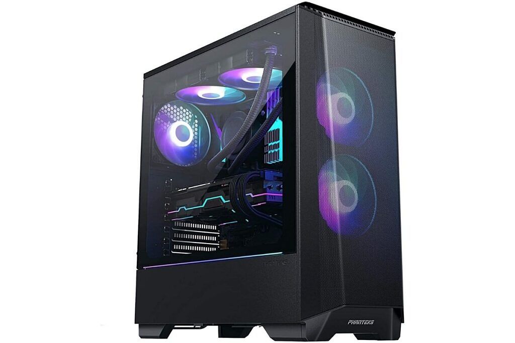 A black PC case with RGB lights on the front