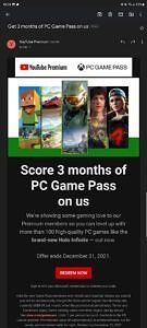 PC Game Pass offer email for YouTube Premium users