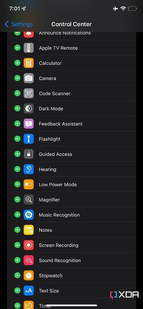 Opciones del centro de control iOS