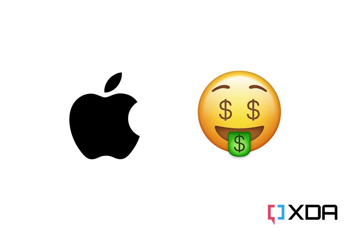 Apple Logo next to money face emoji.