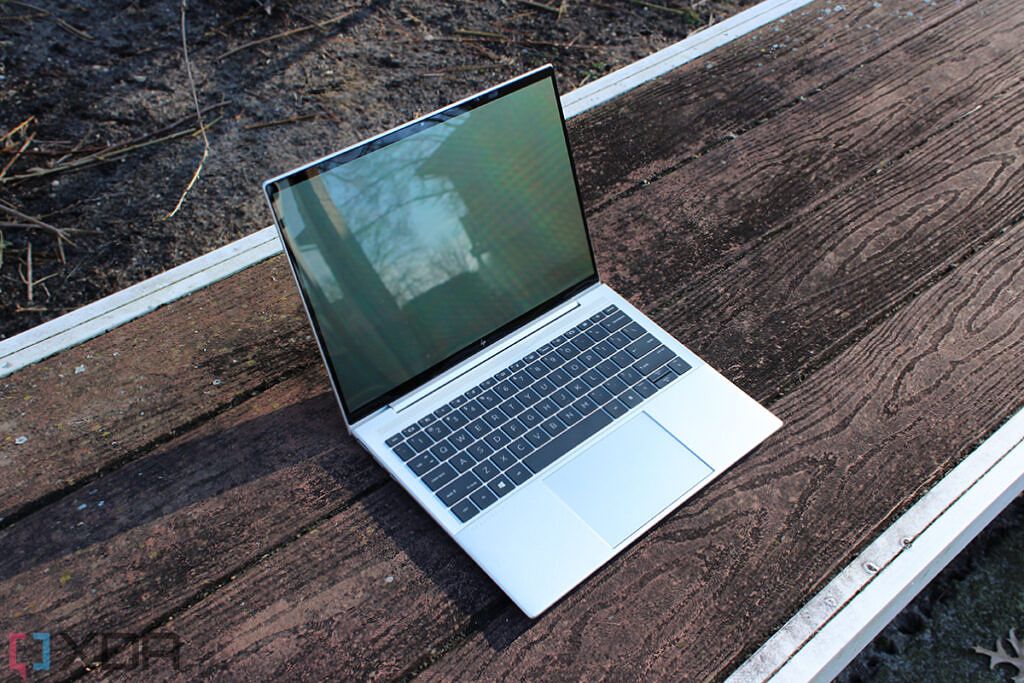 Angled view of laptop with privacy display