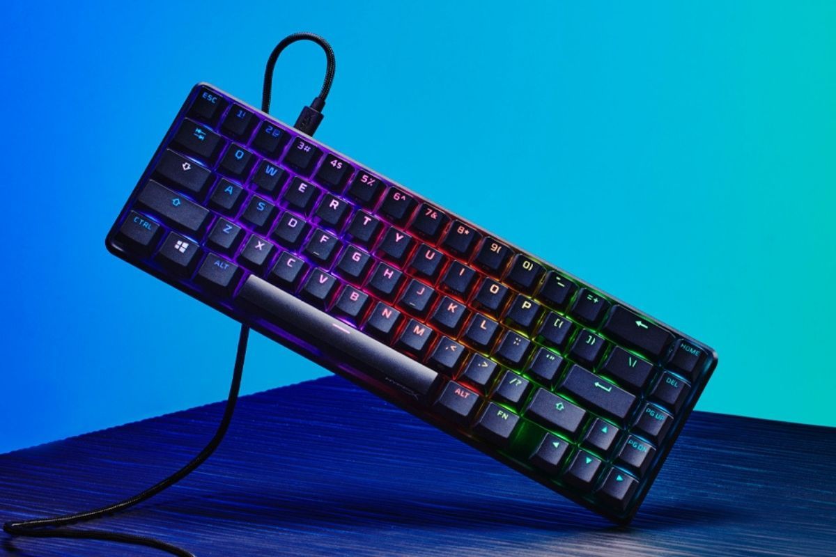 A black colored HyperX gaming keyboard with RGB lights