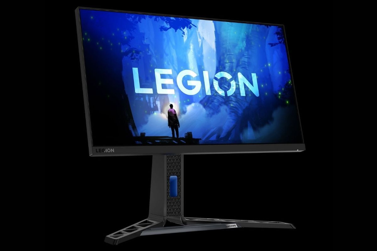 A black colored Lenovo Legion monitor on a black background