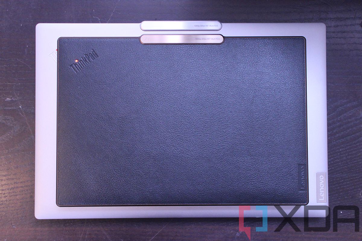 Overhead view of the Lenovo ThinkPad Z13 with a black vegan leather lid