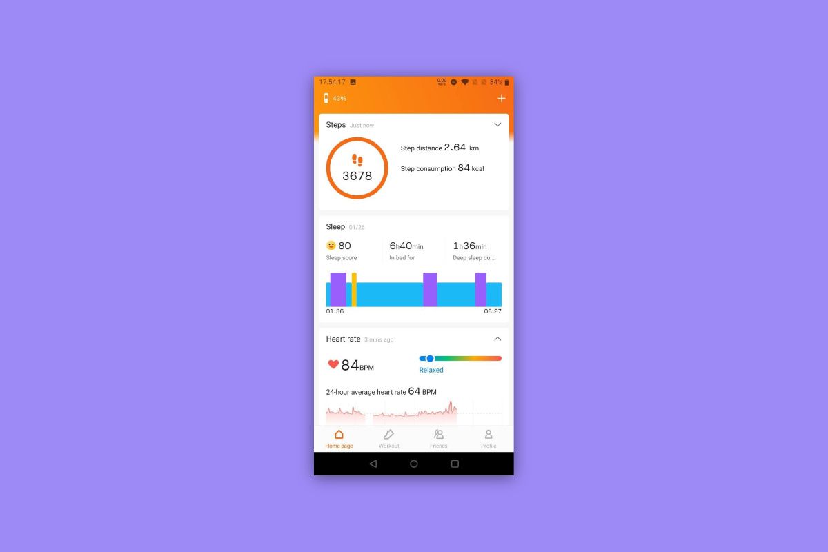 Mi Fit app home screen shown on a solid purple background