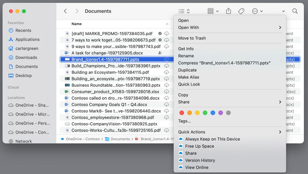 Context menu showing various OneDrive-related options for a file in the macOS Finder app