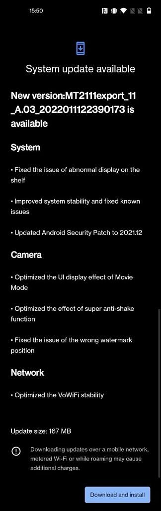 OnePlus 9RT A.03 update changelog