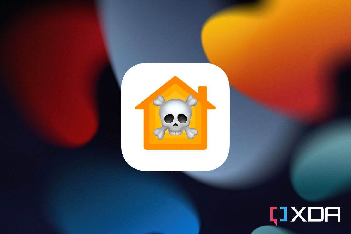Skull on HomeKit app icon on iOS 15 wallpaper