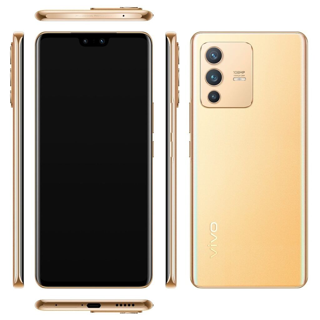 Vivo V23 Pro in gold colorway shown from different angles