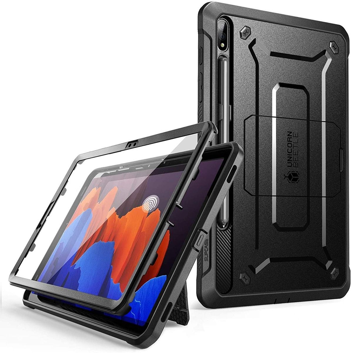 This case comes with a built-in screen protector, an S Pen holder, and a kickstand for landscape viewing.