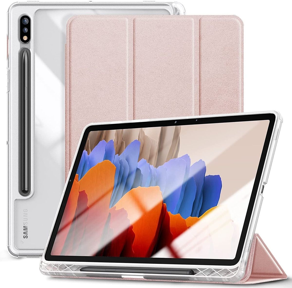 This case has a transparent back and a colored front, offering 360º protection for your tablet. It additionally supports smart display auto wake/sleep and kickstand mode.