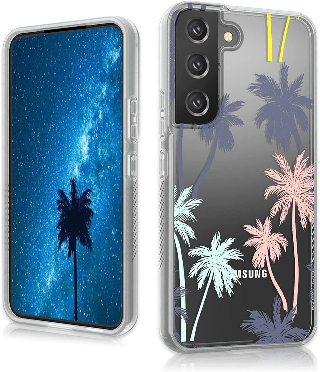 This minimalistic case has a hard, clear build, featuring a palm trees print. It's solid, stylish, and has a lifetime warranty.