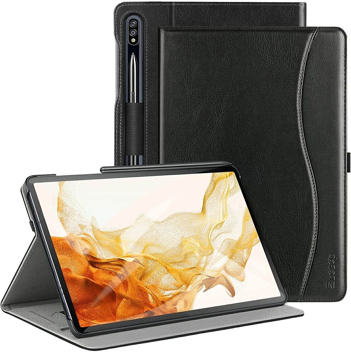 This formal case is made out of leather with three color options to choose from. It has an S Pen holder, supports display auto wake/sleep, and has multiple viewing angles.
