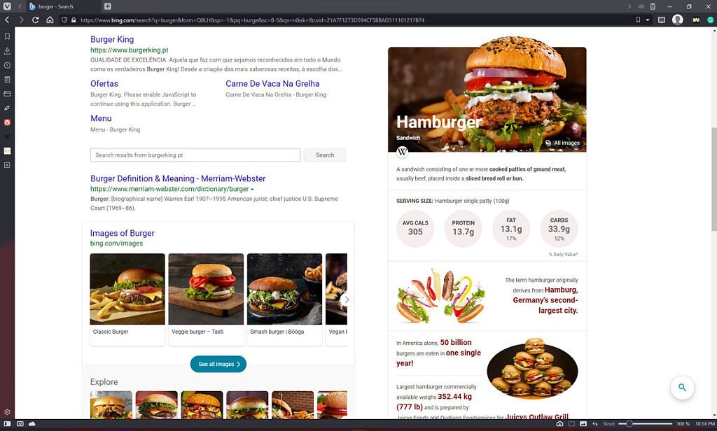 A Bing Knowledge card with information about hamburgers, including nutrional values and trivia