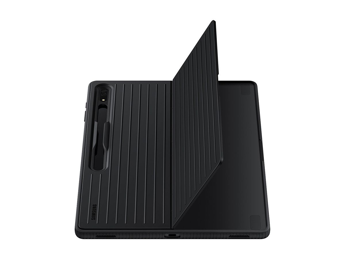 This basic case protects your Galaxy Tab S8 Ultra from all kinds of bumps, but it leaves the screen visible at all times. It also has a kickstand.