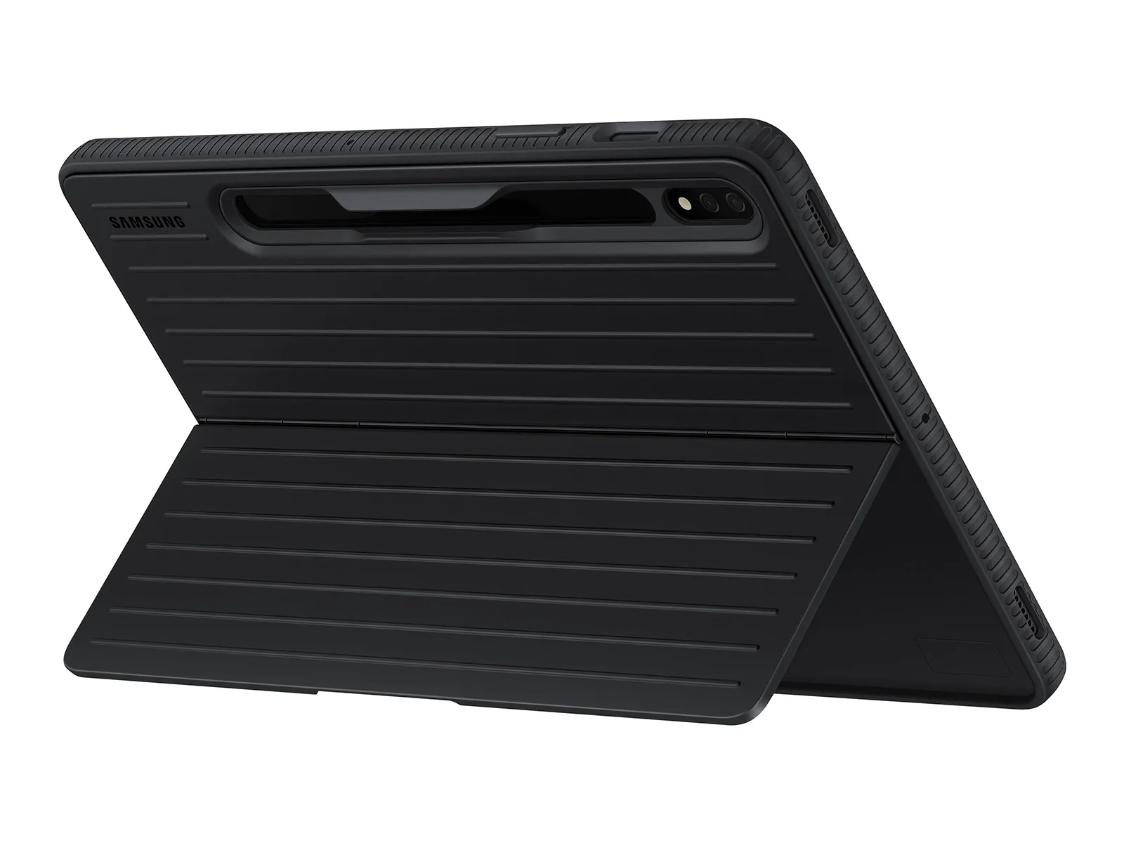 This basic case protects your Galaxy Tab S8 from drops and bumps, but it leaves the screen visible at all times. It also has a kickstand.