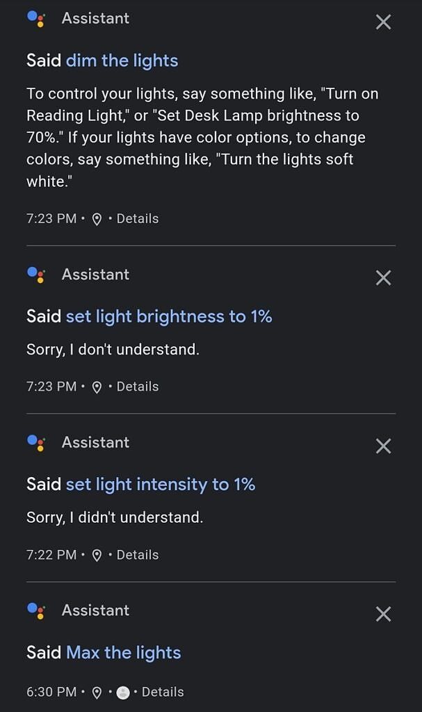 Google Assistant light control commands issue