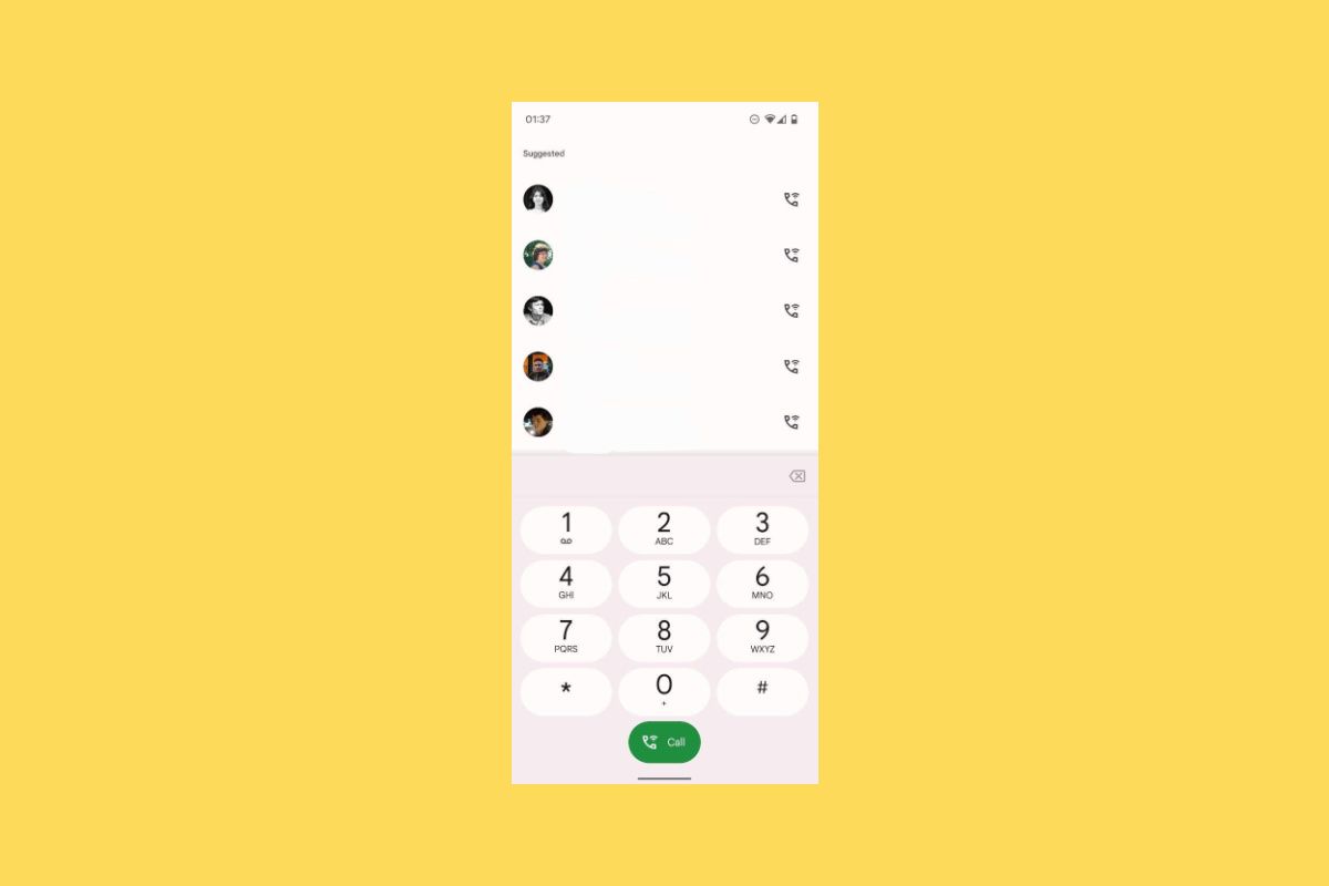 Google Phone dialer on a solid yellow background