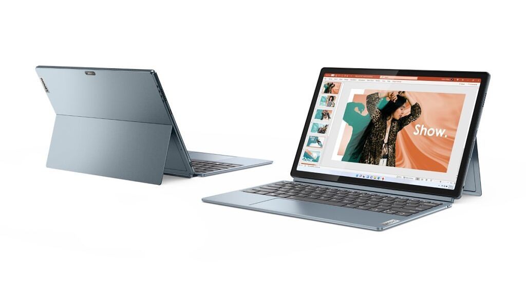 Lenovo IdeaPad Duet 5i Stone Blue seen from the front and back with the kickstand deployed and keyboard attached