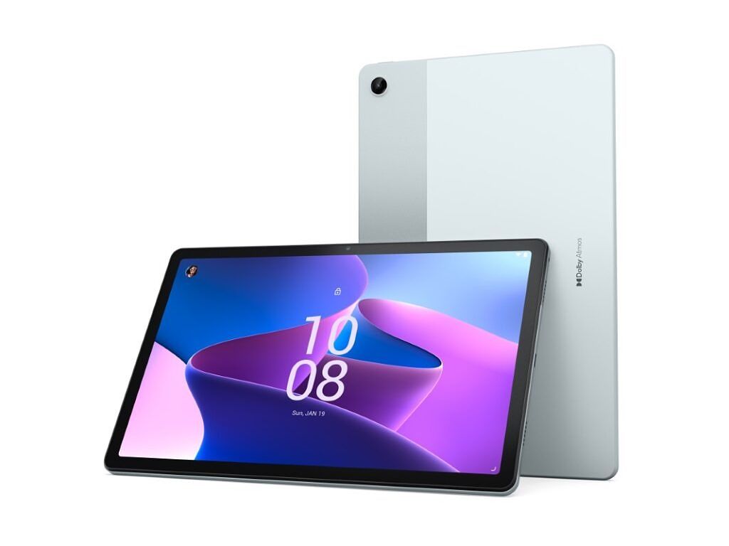 Lenovo Tab M10 Plus 3rd gen seen from the front in landscape mode and from the back in portrait orientation