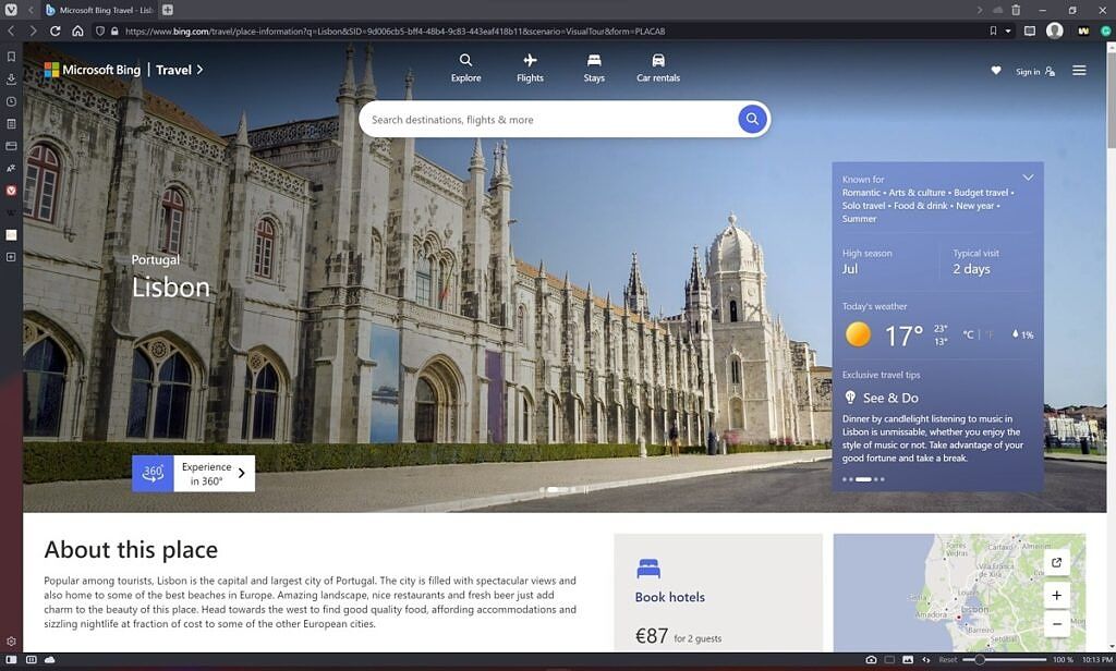 New Bing Travel experience showing information about Lisbon
