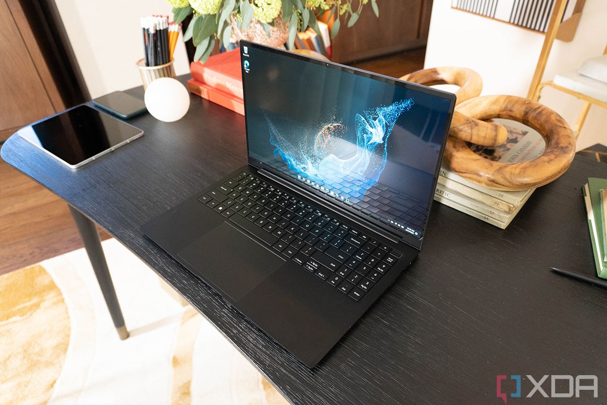 Samsung Galaxy Book 2 Pro 360 laptop seen at a rigt-angle from the front with the lid open