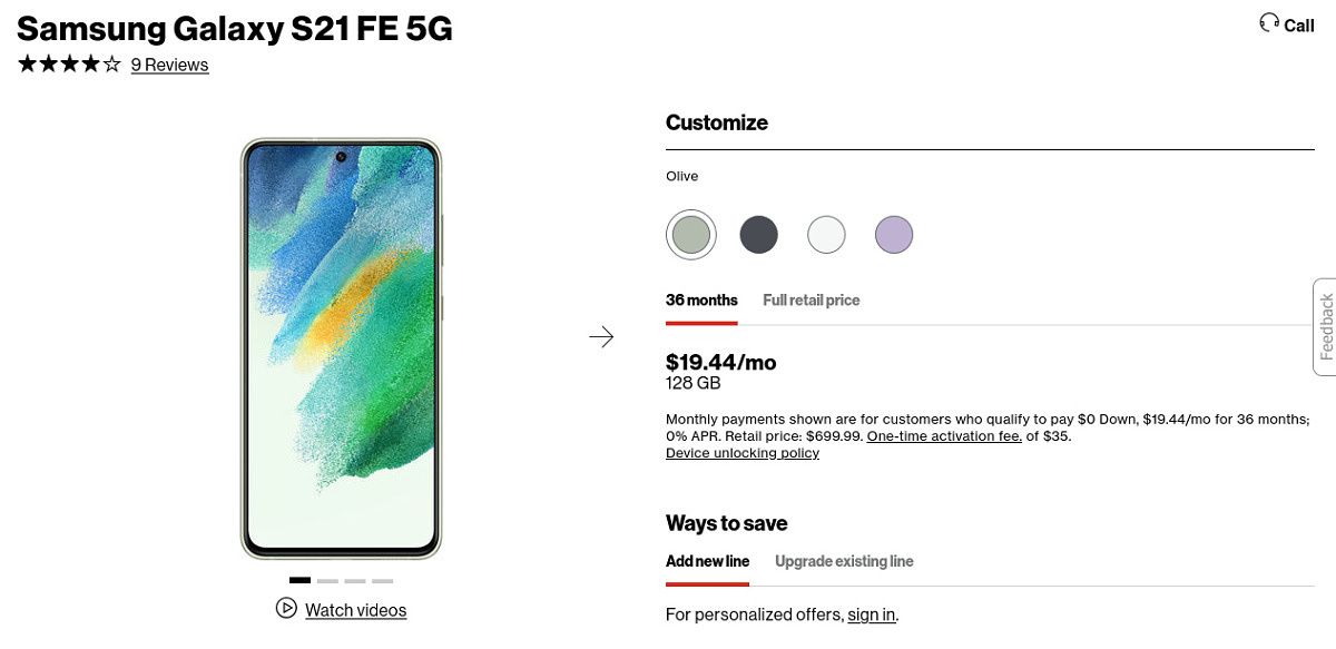 Verizon product page for Galaxy S21 FE, showing $19.44/mo over 36 months and full retail price as the only options